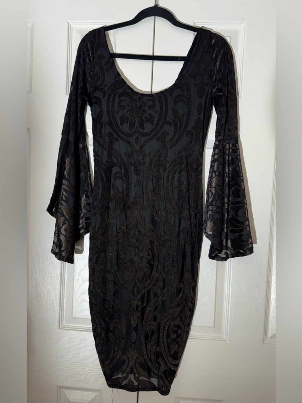 Black Ruched Scoop-Neck Dress with Bell Sleeves - Picture 2 of 7